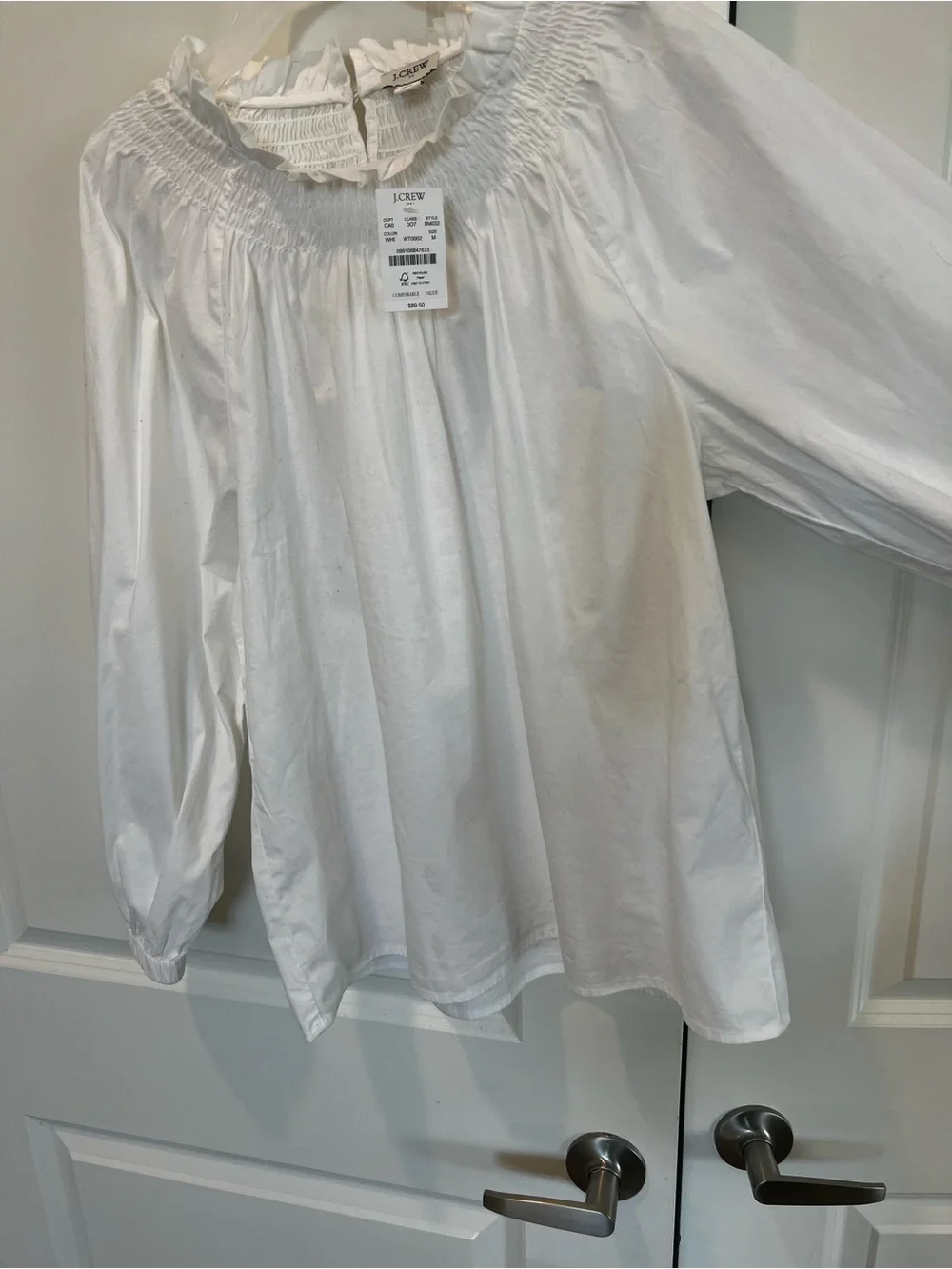 NWT J. Crew White Smocked-Neck Long Bubble Sleeve Top
